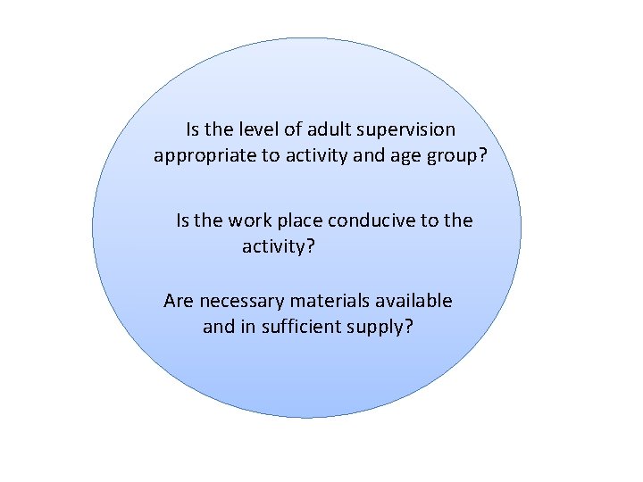 Is the level of adult supervision appropriate to activity and age group? Is the