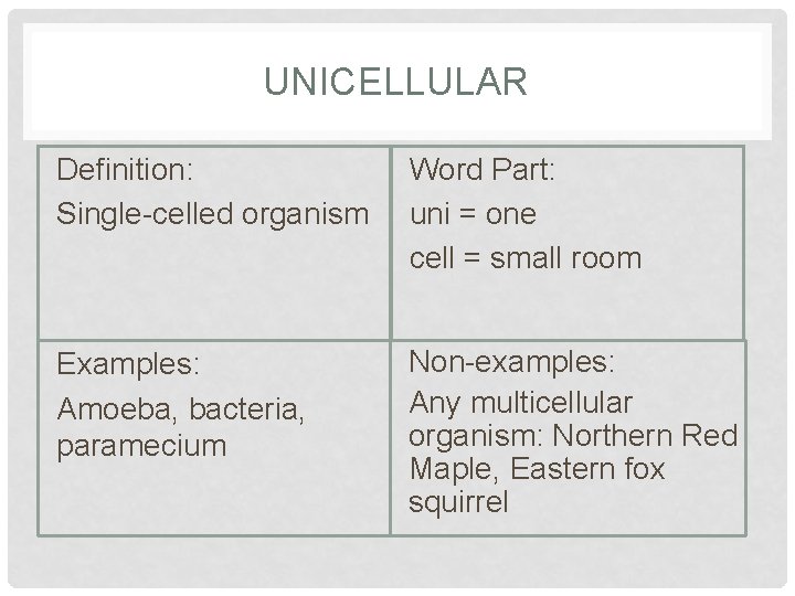 UNICELLULAR Definition: Single-celled organism Word Part: uni = one cell = small room Examples: