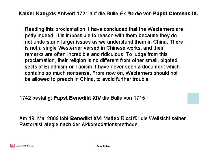 Kaiser Kangxis Antwort 1721 auf die Bulle Ex illa die von Papst Clemens IX.