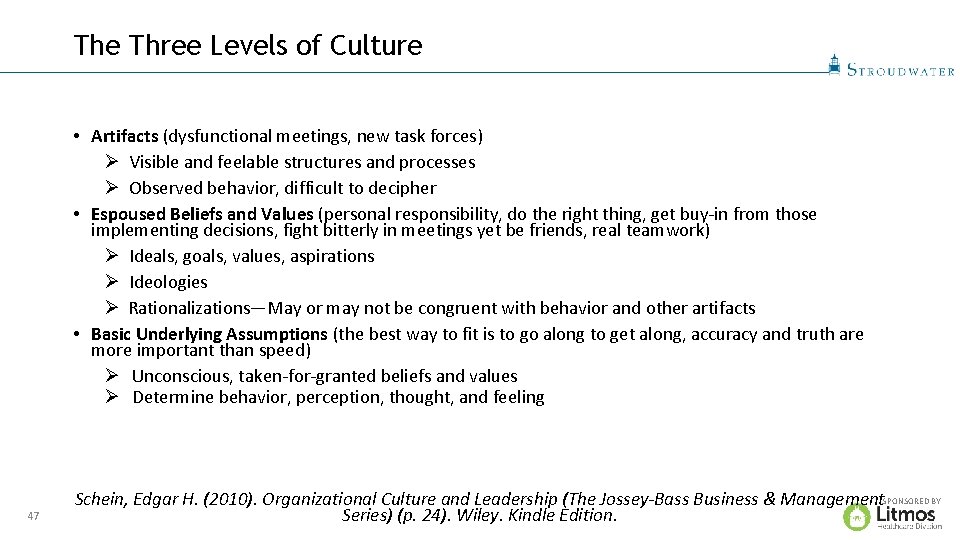 The Three Levels of Culture • Artifacts (dysfunctional meetings, new task forces) Ø Visible