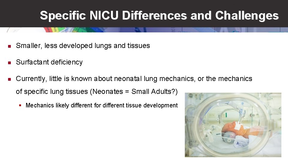 Specific NICU Differences and Challenges n Smaller, less developed lungs and tissues n Surfactant