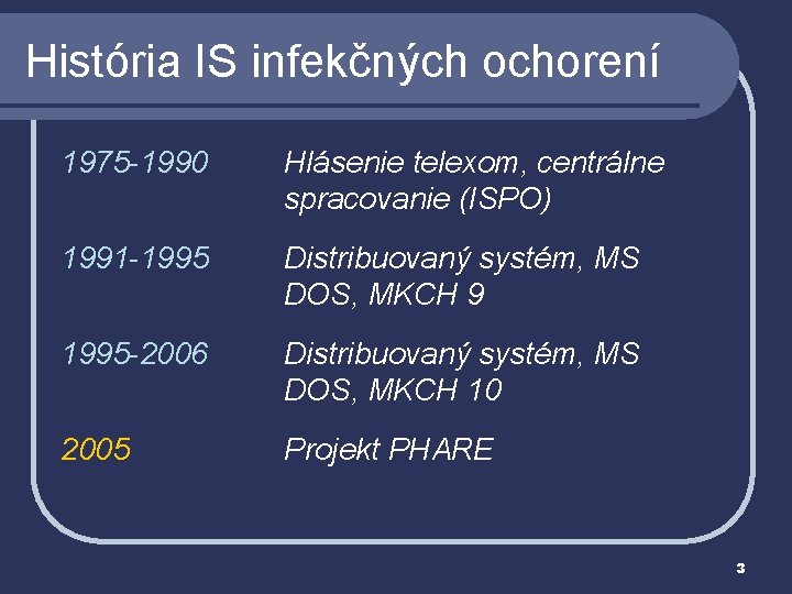 História IS infekčných ochorení 1975 -1990 Hlásenie telexom, centrálne spracovanie (ISPO) 1991 -1995 Distribuovaný