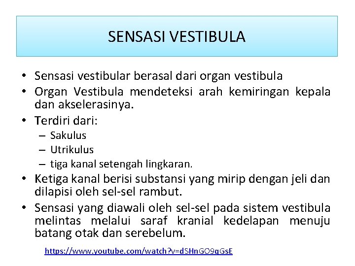 Sensasi vestibula SENSASI VESTIBULA • Sensasi vestibular berasal dari organ vestibula • Organ Vestibula