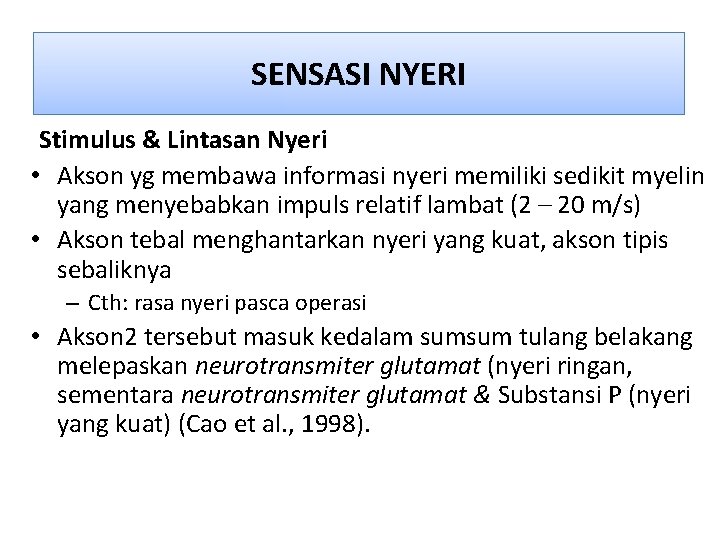 SENSASI NYERI Stimulus & Lintasan Nyeri • Akson yg membawa informasi nyeri memiliki sedikit