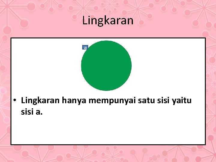 Lingkaran a • Lingkaran hanya mempunyai satu sisi yaitu sisi a. 