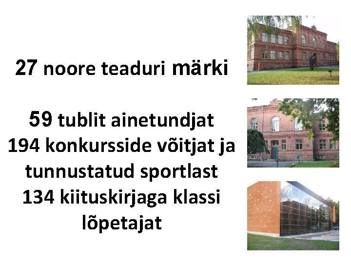 27 noore teaduri märki 59 tublit ainetundjat 194 konkursside võitjat ja tunnustatud sportlast 134