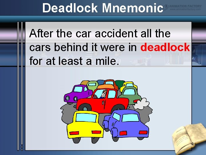 Deadlock Mnemonic After the car accident all the cars behind it were in deadlock