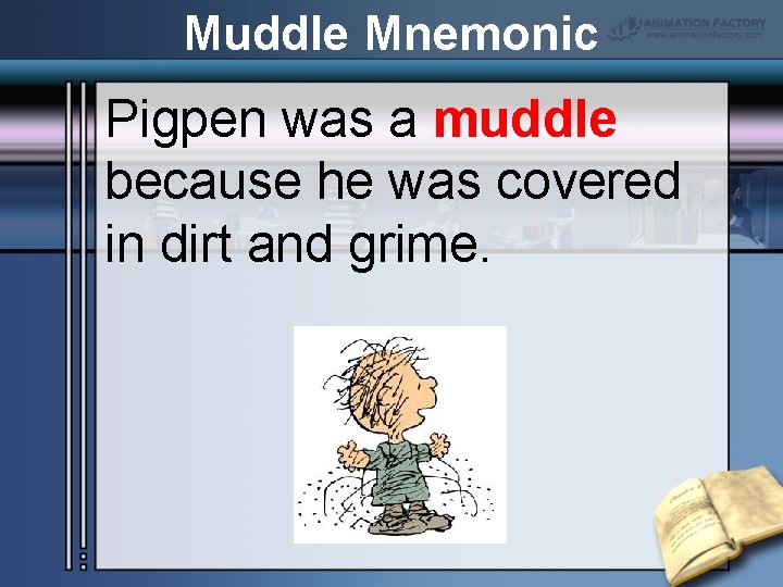 Muddle Mnemonic Pigpen was a muddle because he was covered in dirt and grime.