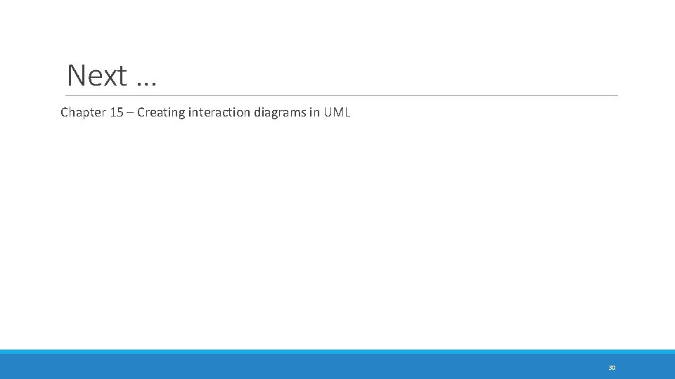 Next … Chapter 15 – Creating interaction diagrams in UML 30 Next … Chapter 15 – Creating interaction diagrams in UML 30