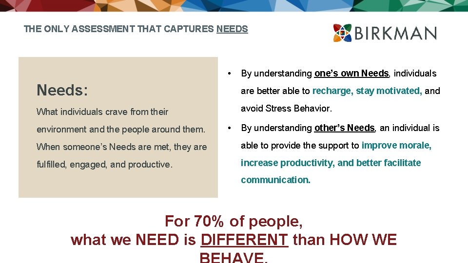 THE ONLY ASSESSMENT THAT CAPTURES NEEDS • By understanding one’s own Needs, individuals Needs: