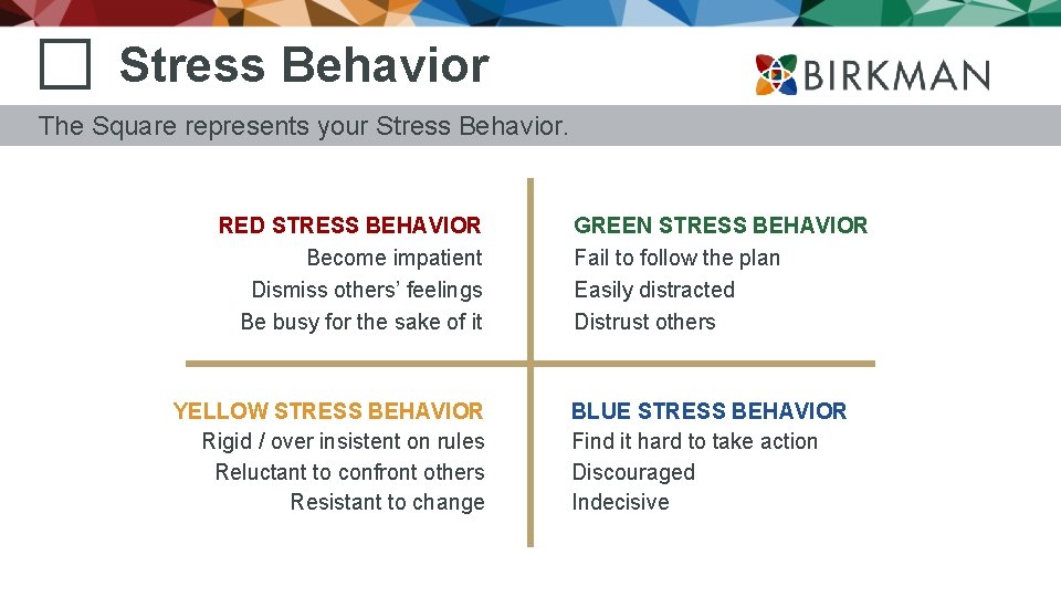 Stress Behavior The Square represents your Stress Behavior. RED STRESS BEHAVIOR Become impatient Dismiss