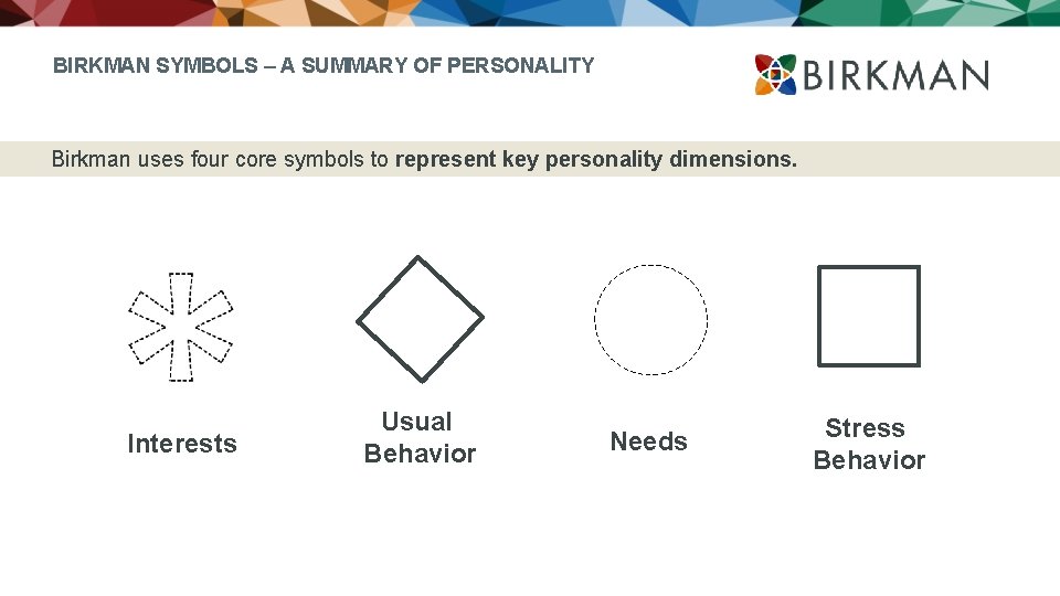 BIRKMAN SYMBOLS – A SUMMARY OF PERSONALITY Birkman uses four core symbols to represent
