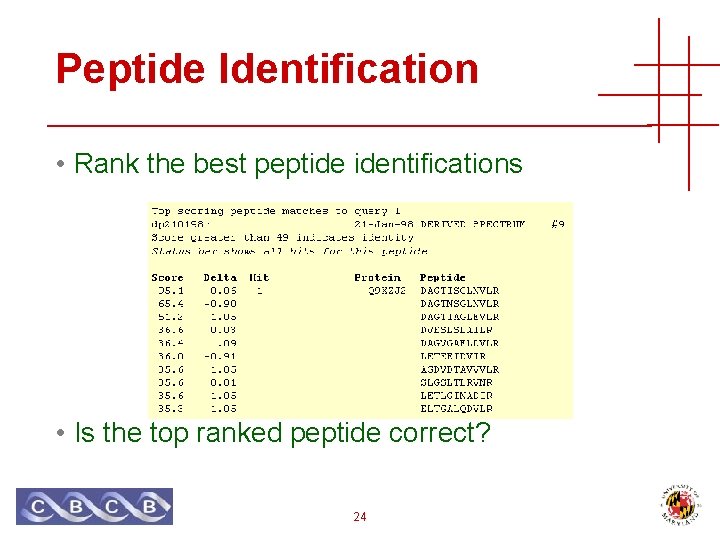 Peptide Identification • Rank the best peptide identifications • Is the top ranked peptide