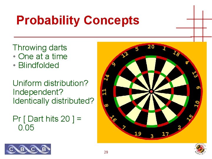 Probability Concepts Throwing darts • One at a time • Blindfolded Uniform distribution? Independent?