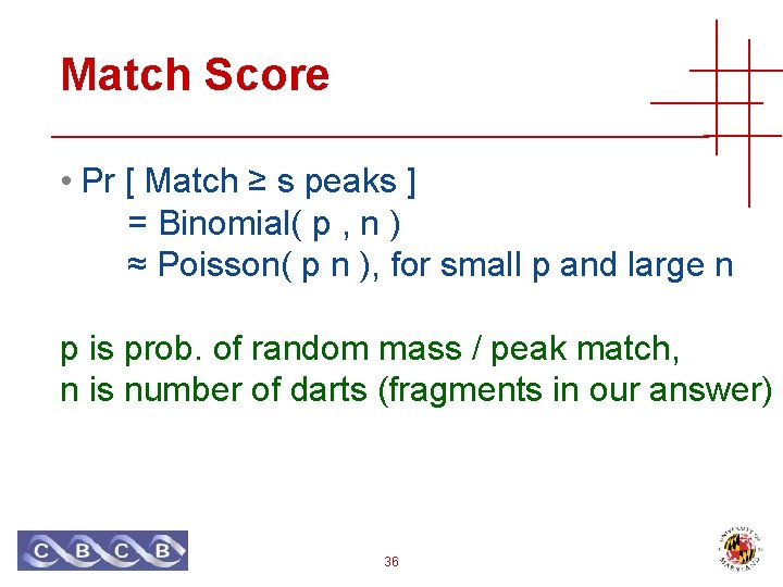 Match Score • Pr [ Match ≥ s peaks ] = Binomial( p ,