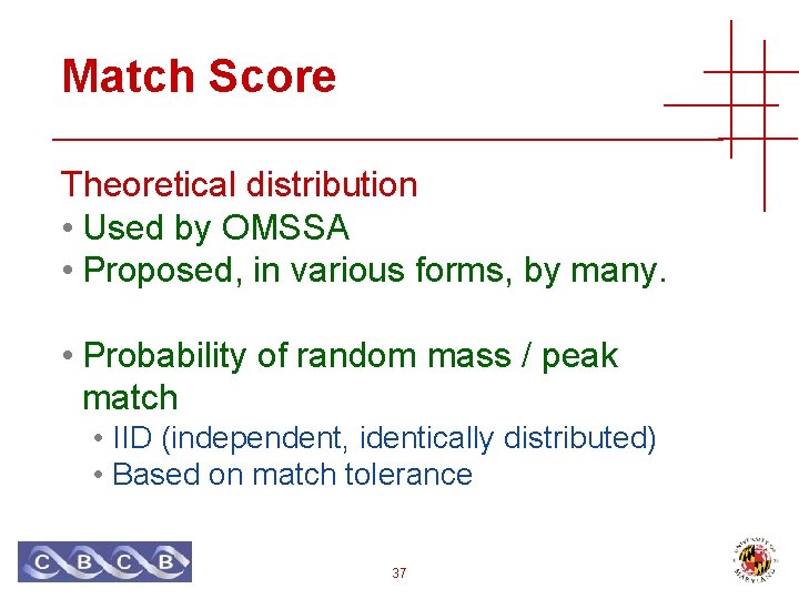Match Score Theoretical distribution • Used by OMSSA • Proposed, in various forms, by