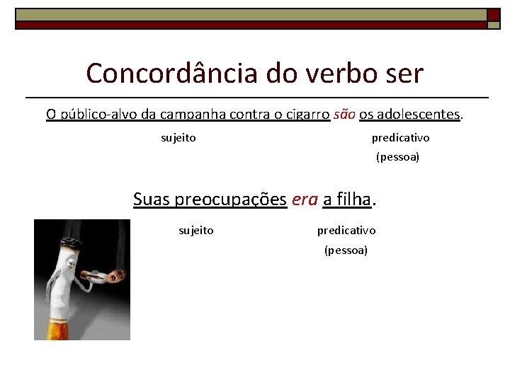 Concordância do verbo ser O público-alvo da campanha contra o cigarro são os adolescentes.