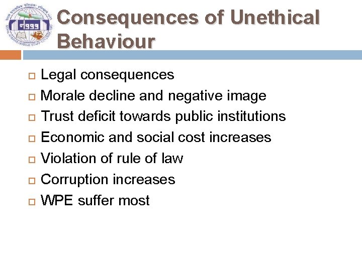 Consequences of Unethical Behaviour Legal consequences Morale decline and negative image Trust deficit towards