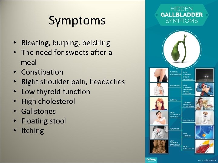 Symptoms • Bloating, burping, belching • The need for sweets after a meal •
