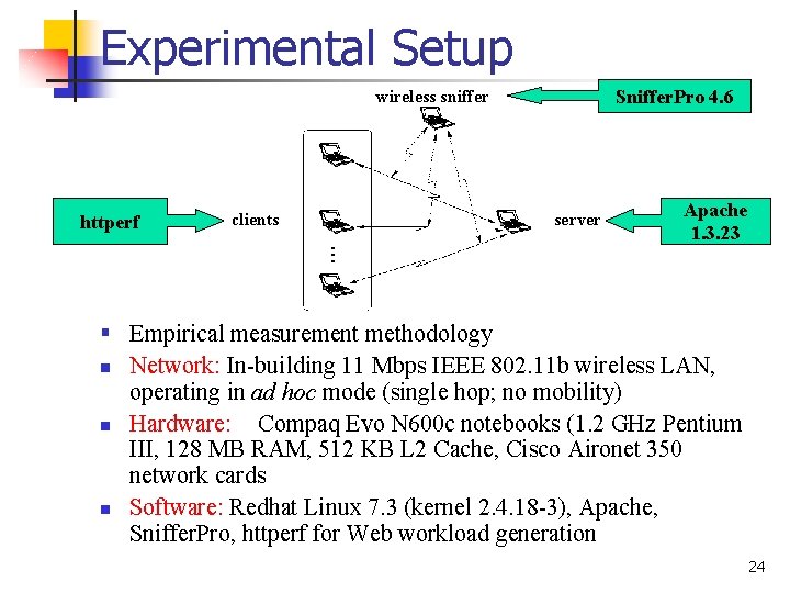 Experimental Setup Sniffer. Pro 4. 6 wireless sniffer httperf clients server Apache 1. 3.