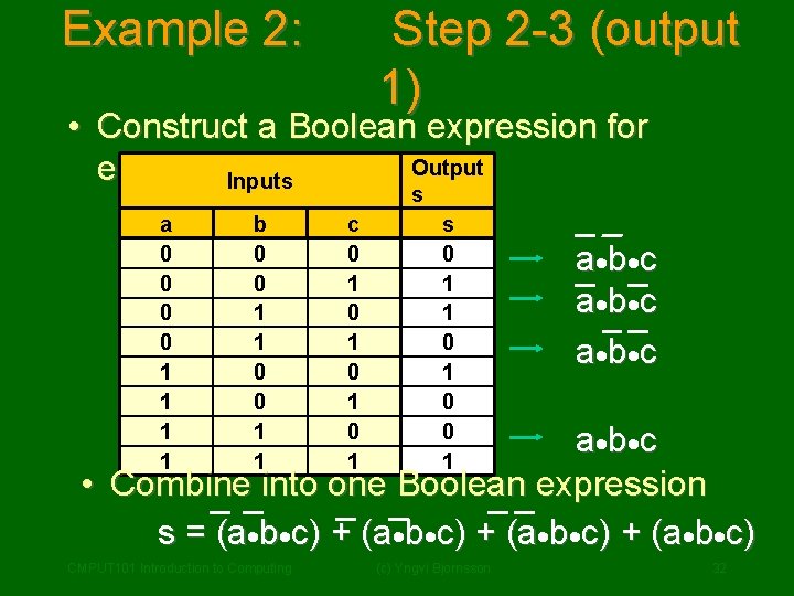 Example 2: Step 2 -3 (output 1) • Construct a Boolean expression for Output