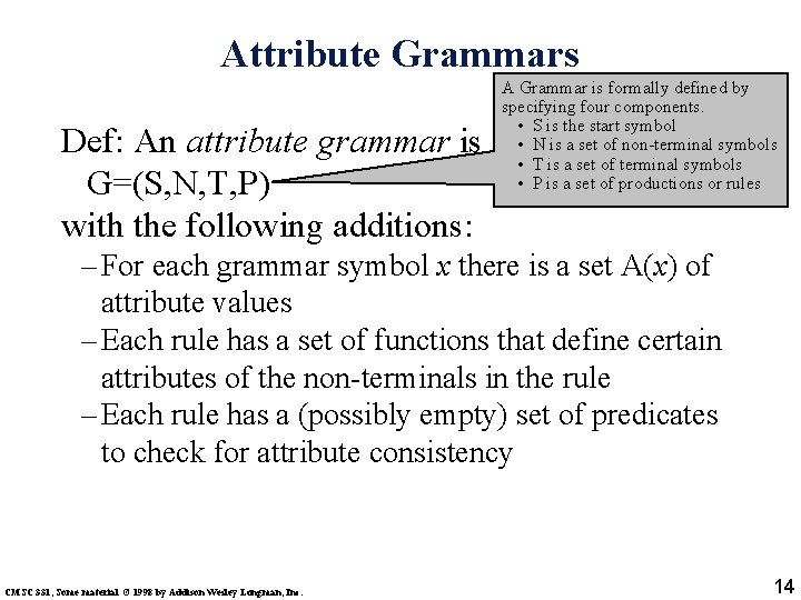 Attribute Grammars A Grammar is formally defined by specifying four components. • S is