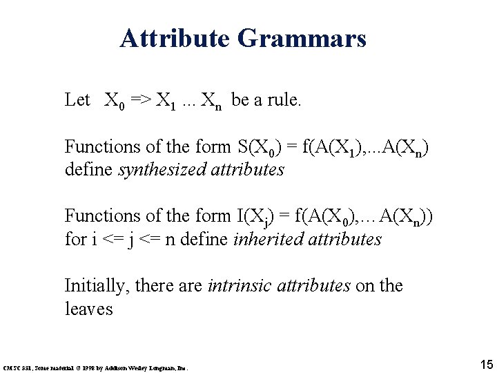Attribute Grammars Let X 0 => X 1. . . Xn be a rule.