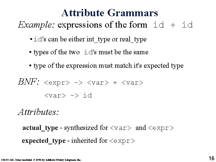 Attribute Grammars Example: expressions of the form id + id • id's can be