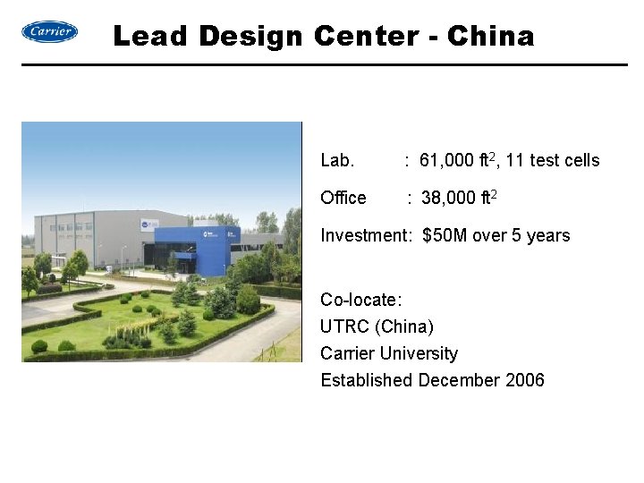 Lead Design Center - China Lab. : 61, 000 ft 2, 11 test cells