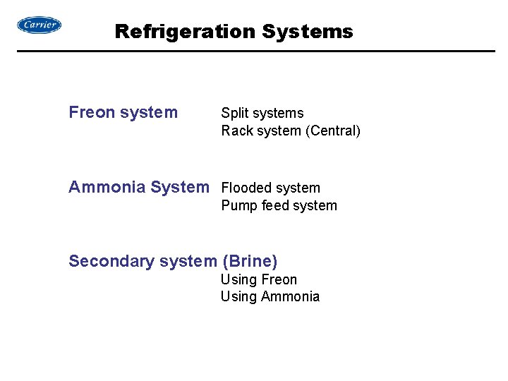 Refrigeration Systems Freon system Split systems Rack system (Central) Ammonia System Flooded system Pump