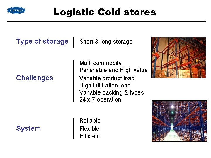 Logistic Cold stores Type of storage Challenges System Short & long storage Multi commodity