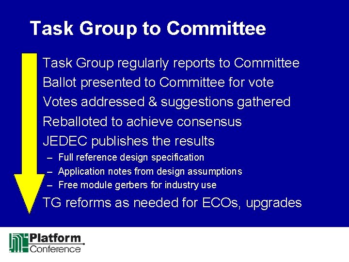 Task Group to Committee • • • Task Group regularly reports to Committee Ballot