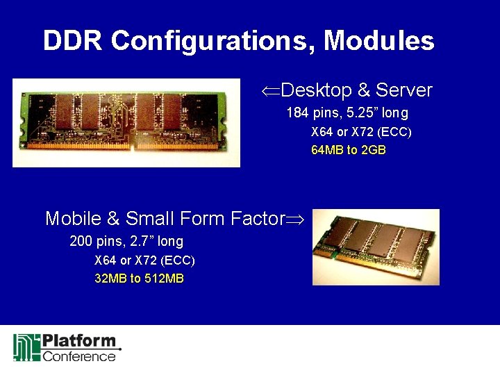 DDR Configurations, Modules ÜDesktop & Server 184 pins, 5. 25” long X 64 or