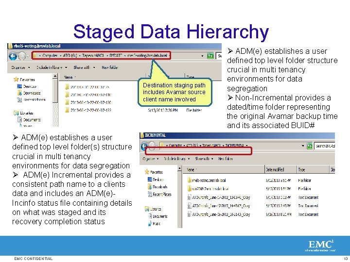 Staged Data Hierarchy Destination staging path includes Avamar source client name involved Ø ADM(e)