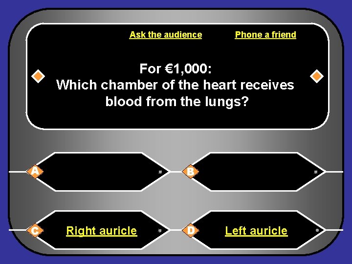 Ask the audience Phone a friend For € 1, 000: Which chamber of the