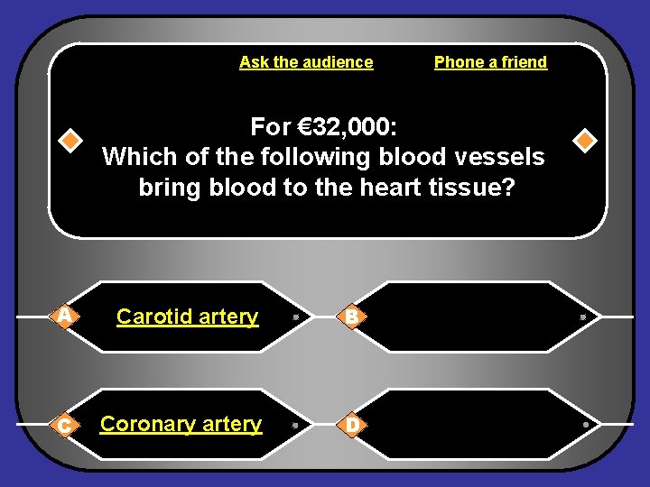 Ask the audience Phone a friend For € 32, 000: Which of the following