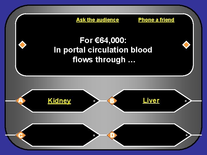 Ask the audience Phone a friend For € 64, 000: In portal circulation blood