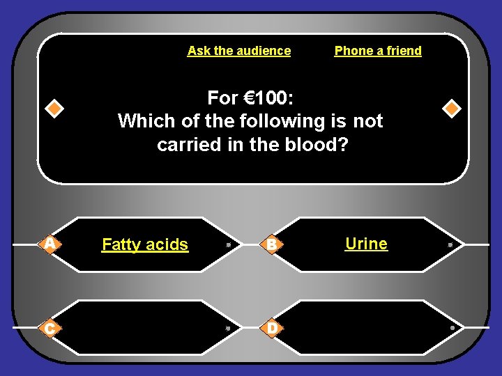 Ask the audience Phone a friend For € 100: Which of the following is