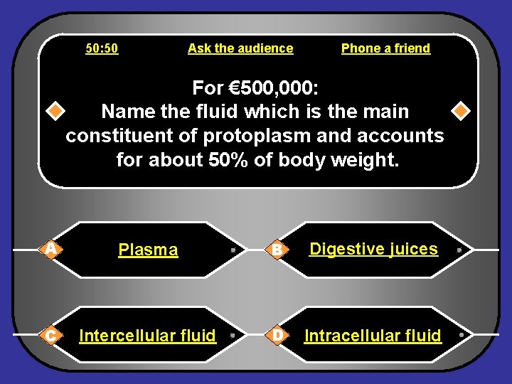 50: 50 Ask the audience Phone a friend For € 500, 000: Name the