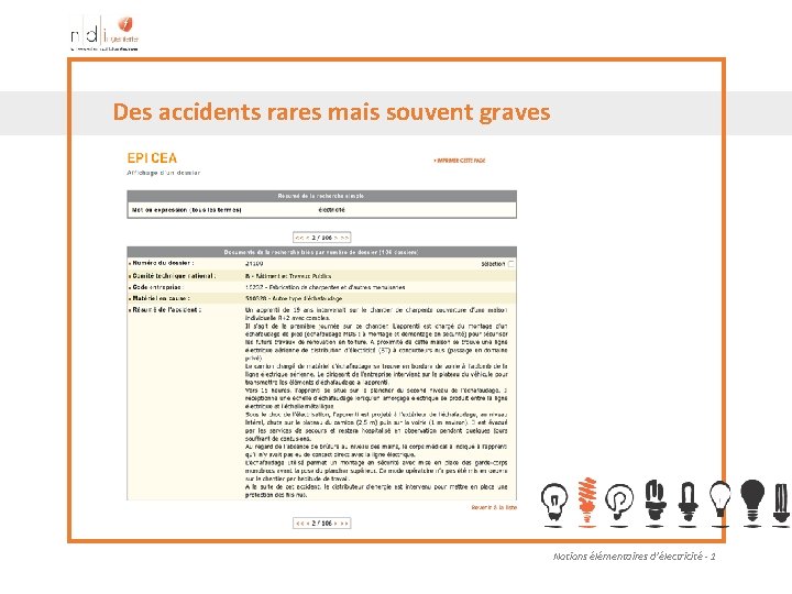 Des accidents rares mais souvent graves Notions élémentaires d’électricité - 1 