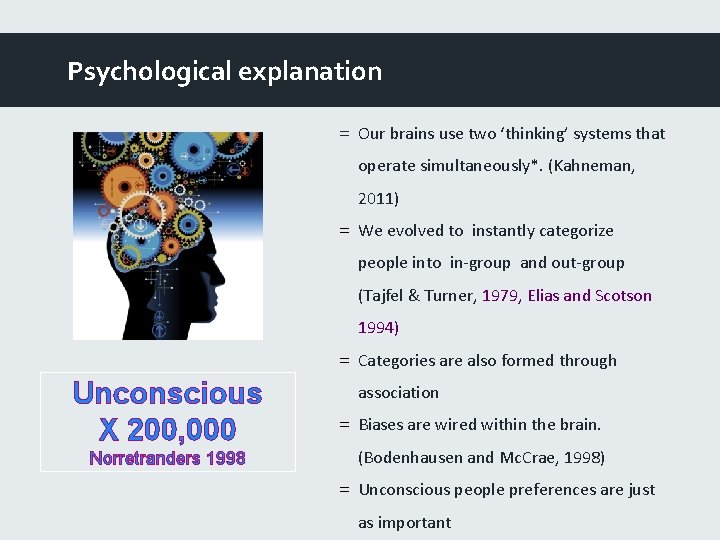 Psychological explanation = Our brains use two ‘thinking’ systems that operate simultaneously*. (Kahneman, 2011)