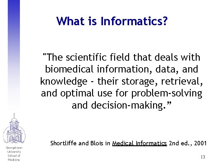 What is Informatics? "The scientific field that deals with biomedical information, data, and knowledge