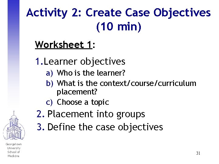 Activity 2: Create Case Objectives (10 min) Worksheet 1: 1. Learner objectives a) Who