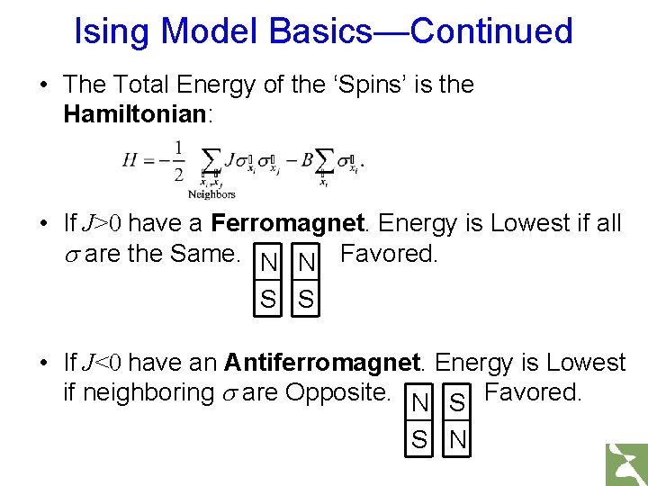 Ising Model Basics—Continued • The Total Energy of the ‘Spins’ is the Hamiltonian: • Ising Model Basics—Continued • The Total Energy of the ‘Spins’ is the Hamiltonian: •