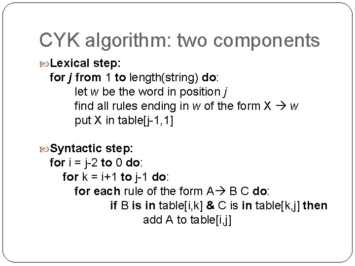CYK algorithm: two components Lexical step: for j from 1 to length(string) do: let CYK algorithm: two components Lexical step: for j from 1 to length(string) do: let
