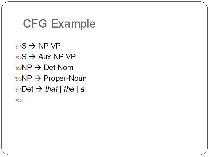 CFG Example S NP VP S Aux NP VP NP Det Nom NP Proper-Noun CFG Example S NP VP S Aux NP VP NP Det Nom NP Proper-Noun