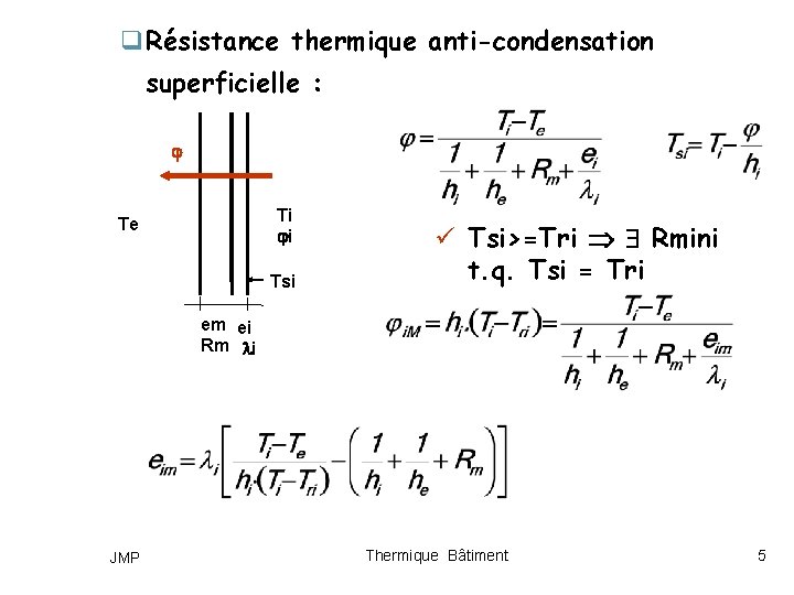 q Résistance thermique anti-condensation superficielle : Ti i Te Tsi ü Tsi>=Tri Rmini t.
