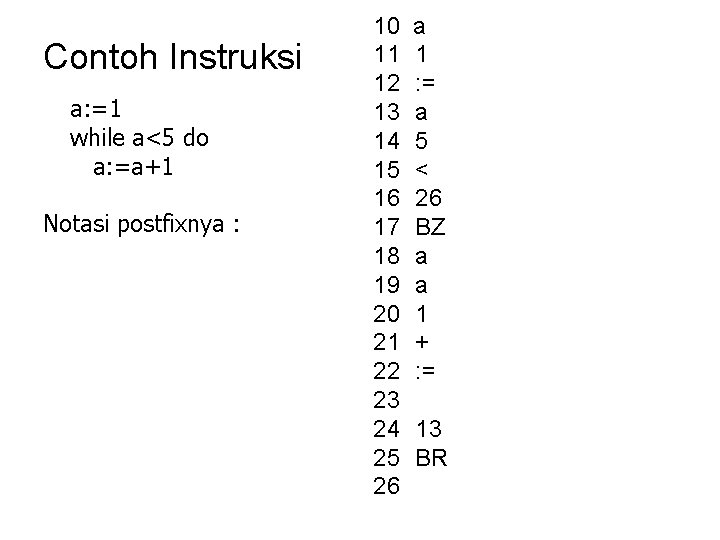 Contoh Instruksi a: =1 while a<5 do a: =a+1 Notasi postfixnya : 10 11