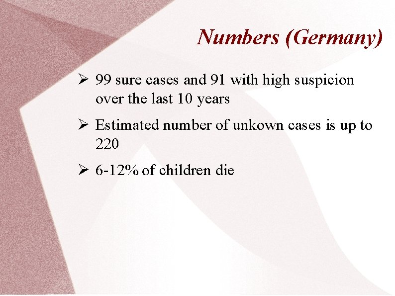 Numbers (Germany) Ø 99 sure cases and 91 with high suspicion over the last