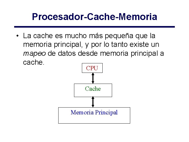 Procesador-Cache-Memoria • La cache es mucho más pequeña que la memoria principal, y por